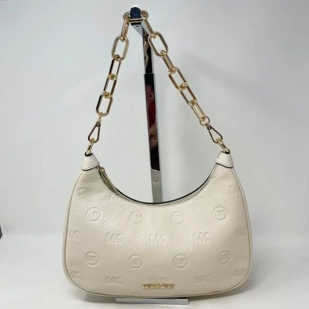 Michael Kors Cora Pouchette Shoulder Bag Cream Leather Gold Chain Handle